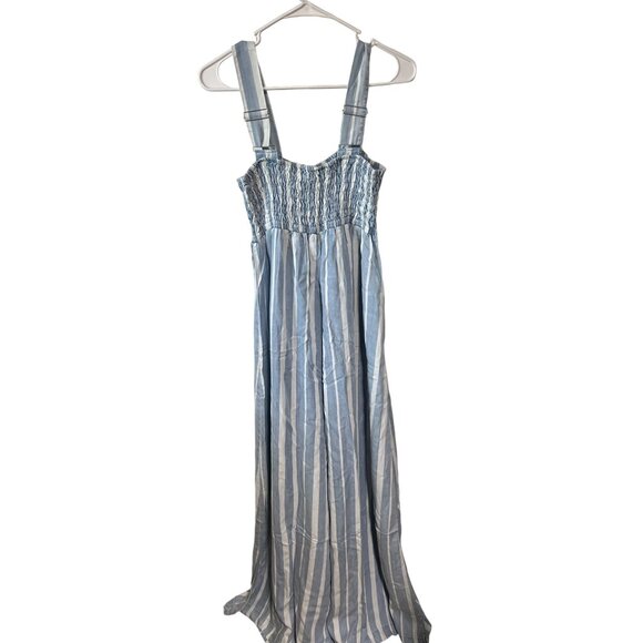 Tractr Blue & White Striped jumpsuit With Smocked Bodice & Adjustable Straps - Picture 3 of 8